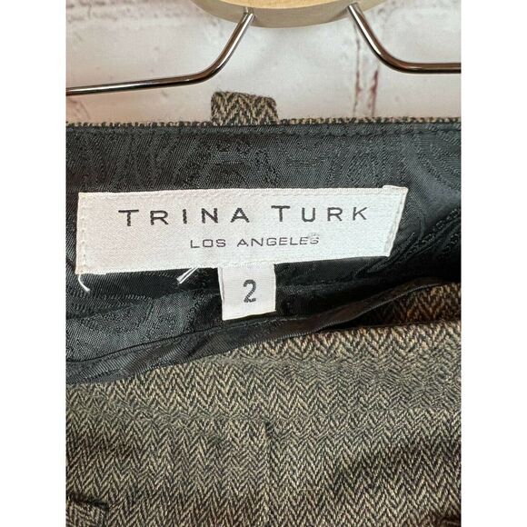 TRINA TURK wool blend herringbone black beige brown lined elegant skirt size 2 - Picture 8 of 8